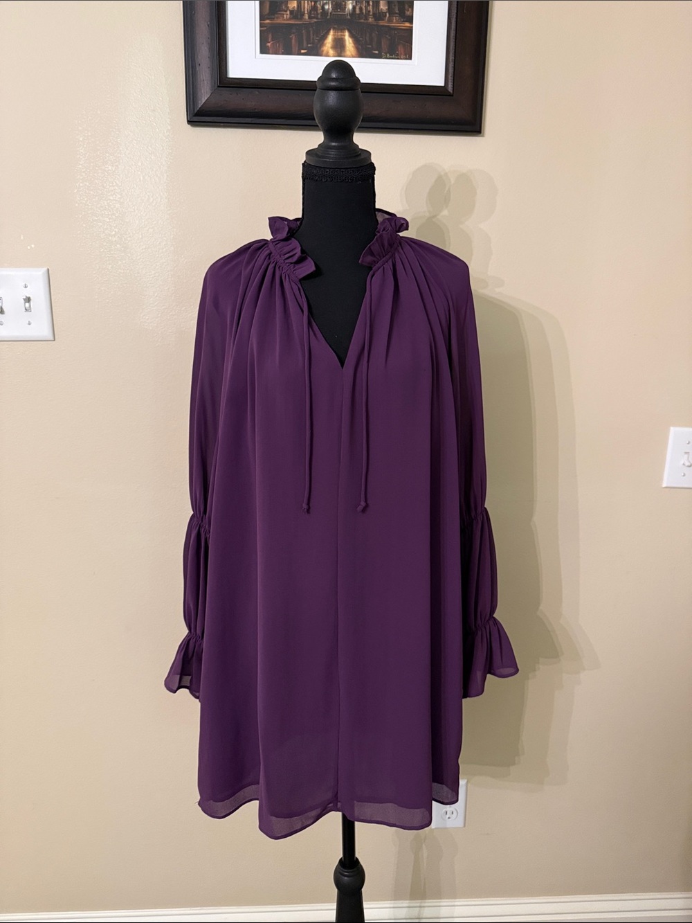 Olivaceous LS mini dress Purple Ruffle-Neck Women's Tunic Top